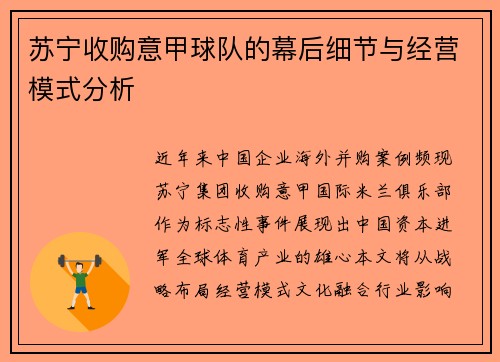 苏宁收购意甲球队的幕后细节与经营模式分析